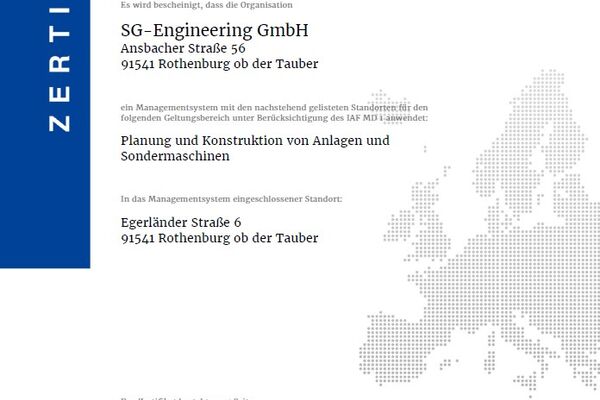 SG-Engineering nach DIN EN ISO 9001:2015 zertifiziert
